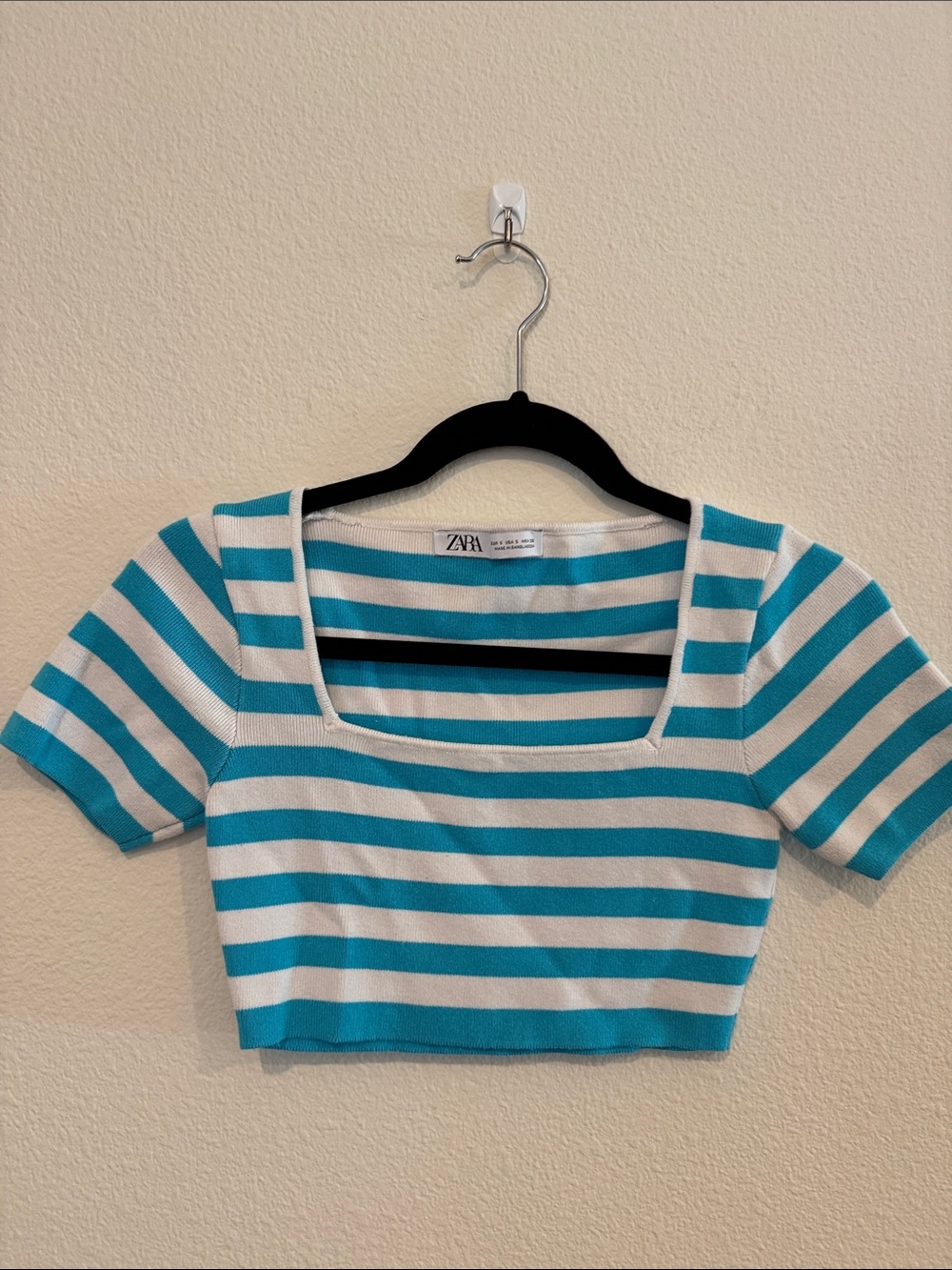 Zara Turquoise and White Striped Square-Neck Crop Top